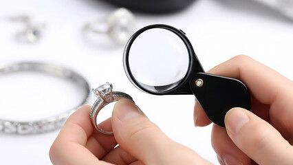 Jeweler examining diamond ring with magnifying glass closely