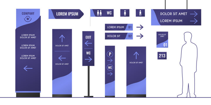 Building interior signage set isolated on white. Vector realistic illustration of directory sign mockups collection with arrows, 3d totem, pylon, direction indicator, advertising board, info stand