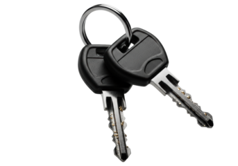 two identical modern security keys with brushed black titanium blades and textured plastic heads, hanging from a reflective chrome ring, isolated on a white background, concept of high-tech security