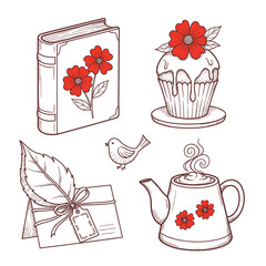 Charming Hand-Drawn Floral Book Cupcake Teapot Card Leaf Bird Illustration.