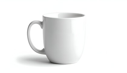 Fototapeta premium A white ceramic mug sits on a white surface, with its shadow to the right