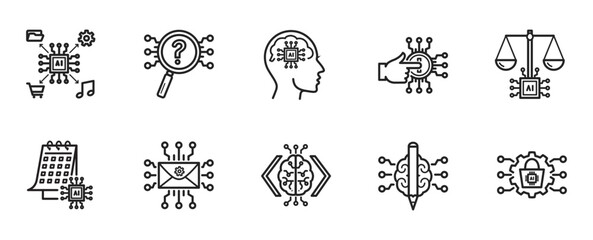 Human anda AI interaction Vector icon set - Minimalis outline style symbol contain realationship between Human and artificial intelegent solution for education, marketing, sale, management, teamwork