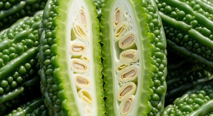 A close-up view of a green bitter gourd cut in half, revealing its seeds and inner flesh, with other bitter gourds in the background.