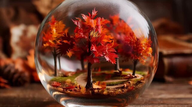 Glass sphere captures autumn trees with orange leaves on wooden table surrounded by natural elements