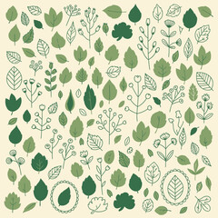 Illustration of various green leaves and foliage patterns.