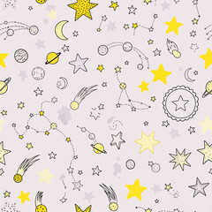 Seamless pattern with hand drawn cosmic elements stars comets and planets.