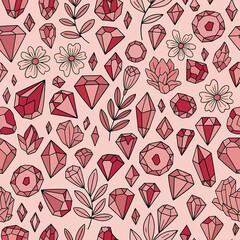 Seamless Pattern with Hand Drawn Gemstones and Floral Elements.