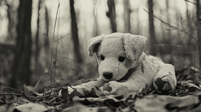 A white stuffed animal dog laying alone in a forest with dry leaves and sticks around it. - Powered by Adobe
