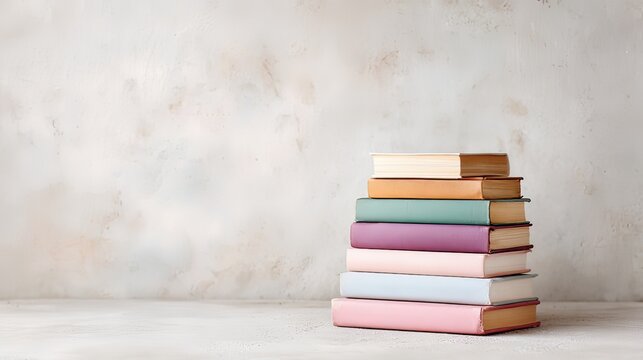 a minimalist photo of several perfectly aligned stacks of books on a table, with books with colorful endpapers