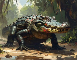An alligator rests in a lush, green, tropical jungle environment. Artwork style