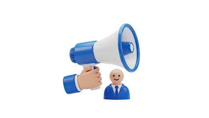 3D Cartoon Hand Holding Megaphone Near Business Character