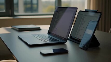 Digital Lifestyle and Remote Work Workspace with Laptop, Tablet, and Smartphone on Desk