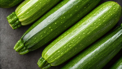 Fresh zucchinis arranged on a dark countertop during daylight hours for cooking preparation and meal planning