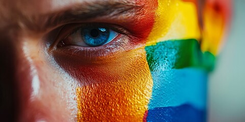 A man with rainbow painted on his face. The face is mostly blue and red. The man has a blue eye