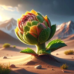 Artichoke-like plant in a desert landscape under a bright sun and snow-capped mountains in the distance