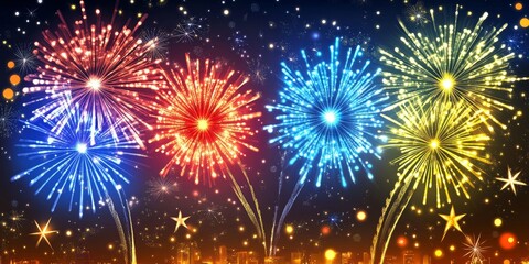 Fototapeta premium Vibrant and colorful fireworks against a night sky backdrop.