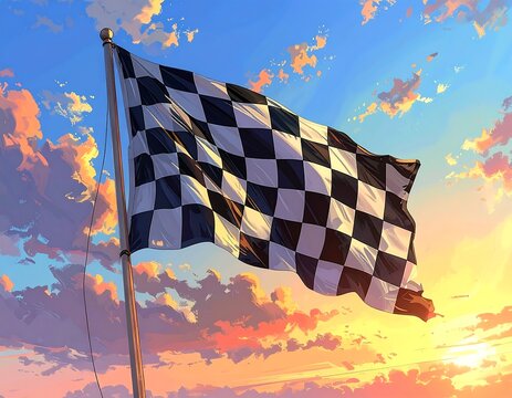 Animated checkered flag waving against a colorful sunset sky