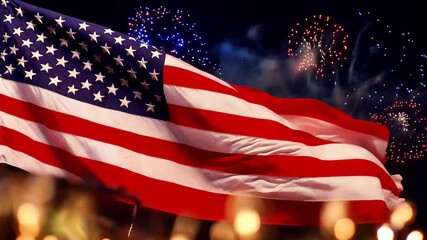 Fireworks light up the sky as the American flag waves on a July night in a celebration of independence - Powered by Adobe