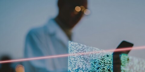 Futuristic Cryptocurrency Payment Millennial Scanning QR with Neon Elements for Modern Fintech App Advertising