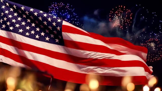 Fireworks light up the sky as the American flag waves on a July night in a celebration of independence