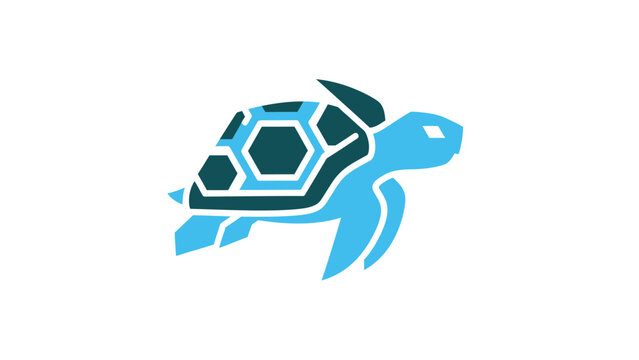 Blue turtle logo design featuring a unique geometric shell pattern and swimming pose.