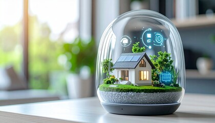 A miniature house with a gabled roof and glowing windows sits inside a glass dome on a table in a modern room.