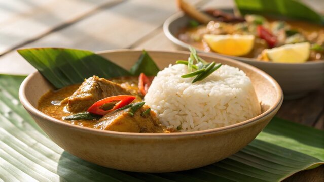 Nasi dagang, traditional east coast Malay dish, rice and fish curry close-up