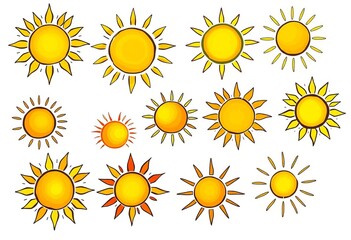 Collection of hand-drawn stylized sun illustrations in various artistic styles, evoking warmth, light, and summer energy, illustration, star