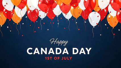Happy canada day celebration card with red, white, and orange balloons on a dark background