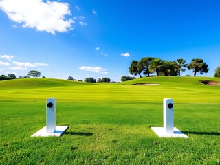 Distinctive tee box markers frame the starting point of a golf hole, set against a manicured fairway,  hole,  markers