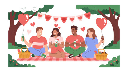 Picnic of Love: A delightful gathering unfolds as four friends create heartwarming memories amidst love-themed decorations and nature's embrace.