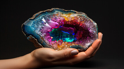 Hand holding vibrant colorful geode crystal on black background