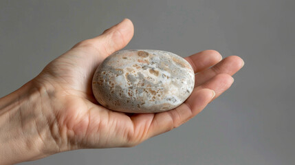 A hand holds a natural patterned stone