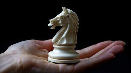 Chess knight piece held in human hand