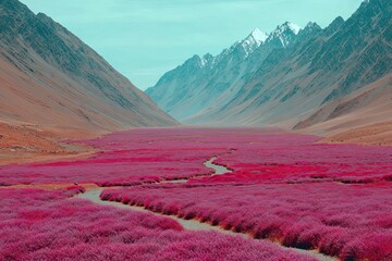 Pink flowering plain in a valley between stark mountains