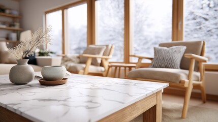 Obraz premium Bright decor fills this modern room, featuring wooden accents and a soft color palette. A coffee table holds decorative items, while large windows showcase a snowy landscape outside