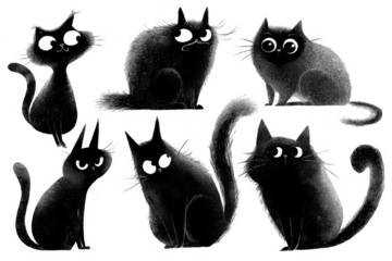 A series of black and white cat drawings