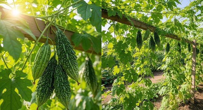 Close-up and wider view of bitter gourds growing on a lush green trellis under bright sunlight.