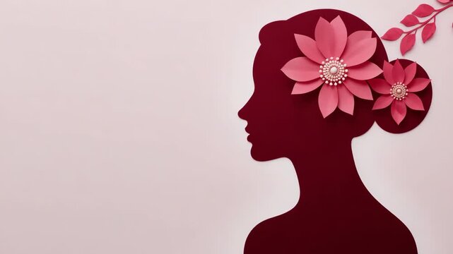 Woman silhouette profile with pink paper flower bun and layered pink floral paper blossoms profile