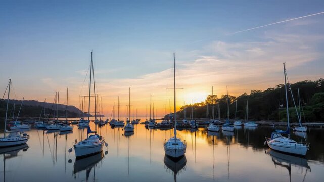 Sunset marina sailboat reflection calm water tranquil golden light mooring at harbor