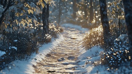 A tranquil snow-covered pathway leading through a forest with trees on either side, sunlight filtering through the branches creating a picturesque scene.