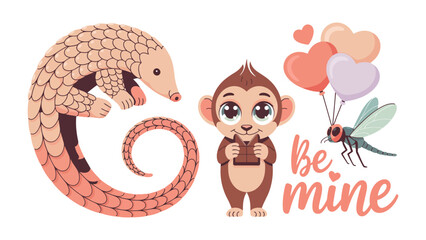 Love is in the air: A charming illustration featuring a pangolin, a monkey and a mosquito with heart-shaped balloons, conveying a sweet and whimsical Valentine's Day sentiment. © azizunnahar