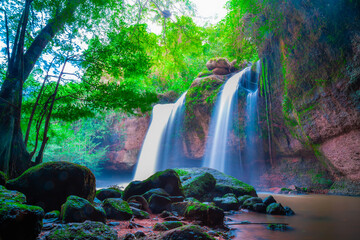 Amazing beautiful waterfalls in deep forest at Haew Suwat Waterfall in Khao Yai National Park, Thailand