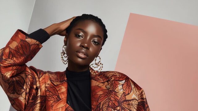 Elegant dark skin woman portrait in patterned jacket with hoop earring fashion confidence