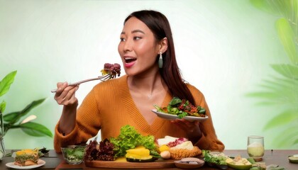 Woman enjoying a healthy vegan meal with fresh ingredients.