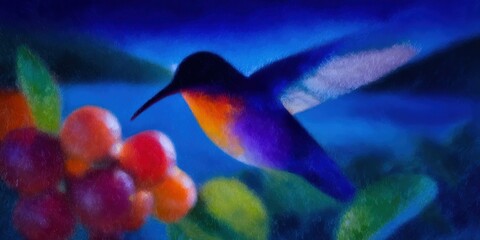 Obraz premium Vibrant Hummingbird Nectar-Seeking at Berry Bush Premium Nature-Inspired Art for Relaxing Marketing and Social Media