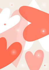Romantic background with hearts and stars. Template for social media posts, greetings cards, posters and printing. Valentine's day aesthetic. Hand drawn vector illustration. 