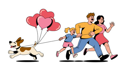 A Fun-Filled Adventure: A family's lively escapade unfolds, where a playful dog, leads the charge with heart-shaped balloons, symbolizing love and togetherness.