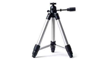 A compact, three-legged stand, primarily silver, with black joints and a mounting head