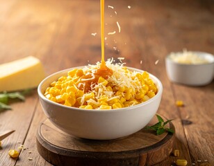 a bowl of corn milk cheese